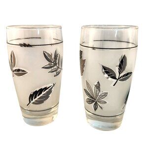 Vtg MCM Libbey Glass Frosted Silver Leaf Flat Tumbler Glasses 5.25"H Set Of 2